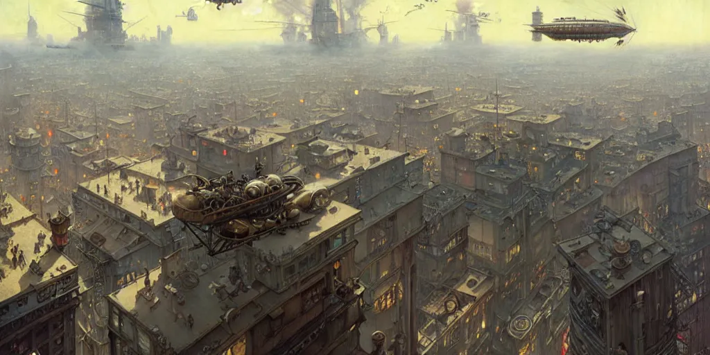 Image similar to steampunk airship above a busy city, exquisite details, denoised, mid view, by norman rockwell, karl kopinski, artsation, greg rutkowski, makoto shinkai, takashi takeuchi, studio ghibli