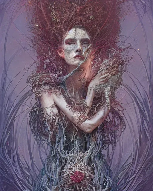 Image similar to a beautiful detailed front view portrait of a dead rotten princess with ornate growing around, ornamentation, elegant, beautifully soft lit, by wayne barlowe, peter mohrbacher, kelly mckernan