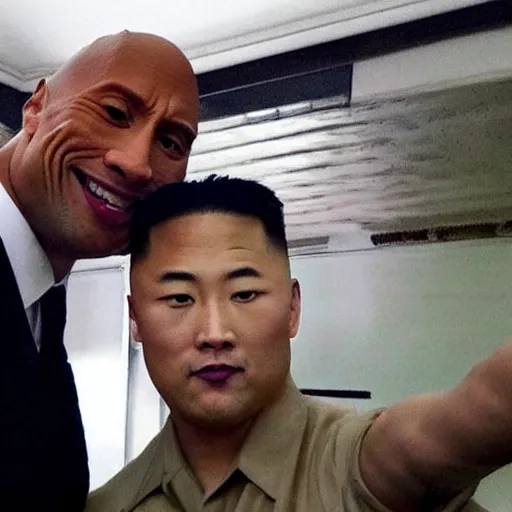 Image similar to dwayne the rock johnson and kim jong - un, selfie, phone photo,