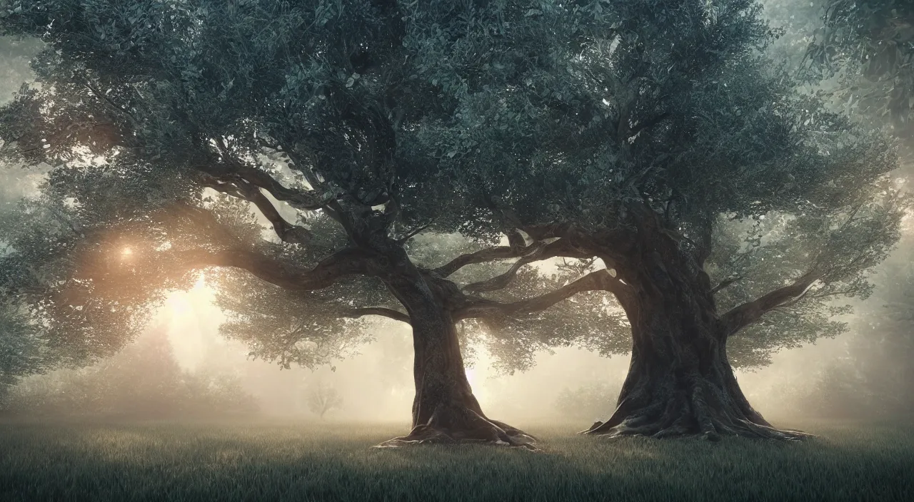 Image similar to huge magical tree with fairy dust, magical atmosphere, photo realistic, highly detailed, mist, trending on artstation, ultra realistic, octane render