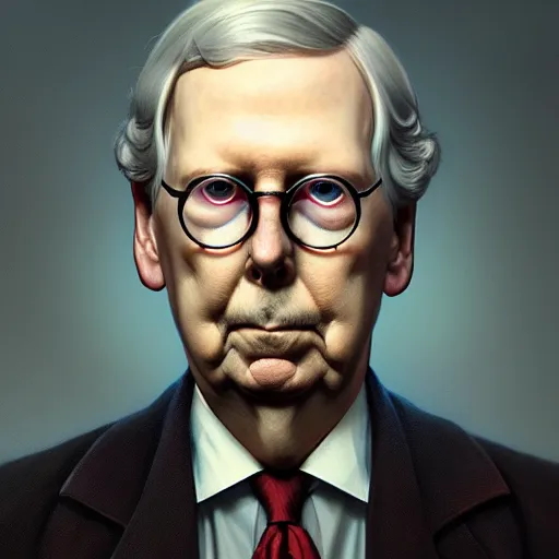 Image similar to amazingly beautiful portrait of a hyper realistic, frowning, sad mitch mcconnell ( ( turtle ) ) by greg rutkowski, artgerm, alphonse mucha, concept art, octane render, highly detailed, high quality, 8 k, soft lighting, path traced