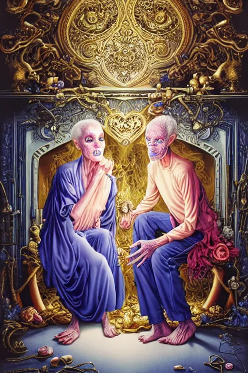 Prompt: Two skinny old people draped in silky gold, green and pink, gas masks connected to heart bypass machines, inside an ornate hospital room, they sit next to a fireplace with swirling blue flames, the world is insane, lost in despair, Ayami Kojima, Karol Bak, Greg Hildebrandt, mark brooks, hauntingly surreal, highly detailed painting by Mariko Mori, part by James Jean, Jenny Saville, Soft light 4K