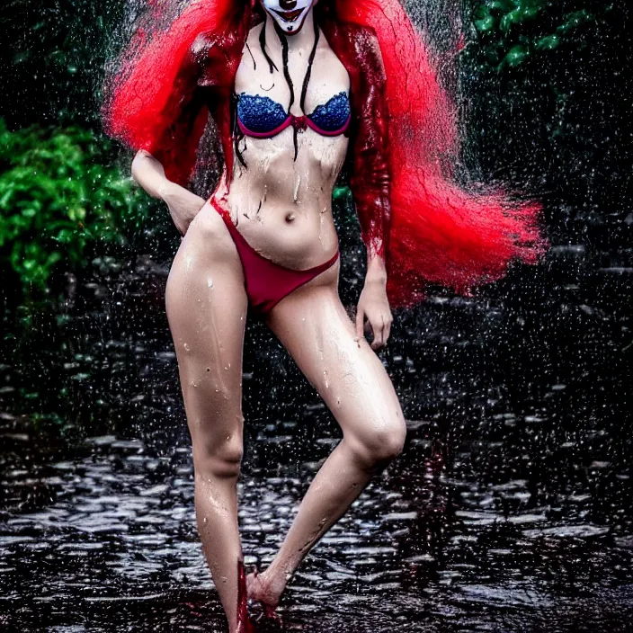 Image similar to fully body pose, photo of a very beautiful!! victoria secret model, pennywise, wet hair, raining, 8 k, hdr, smooth, sharp focus, high resolution, award - winning photo, trending on artstation, dslr, 5 0 mm