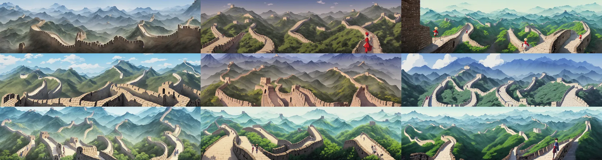 Prompt: a wholesome animation key shot of a daytime cute empty great wall of china runway, studio ghibli, pixar and disney animation, sharp, rendered in gouache painting, anime gouache key art by greg rutkowski, bloom, dramatic, dynamic lighting