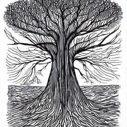 Image similar to a drawing of a tree with its roots in the water, an illustration of by alasdair gray, complex reflections, featured on deviantart, ecological art, photoillustration, fractalism, storybook illustration