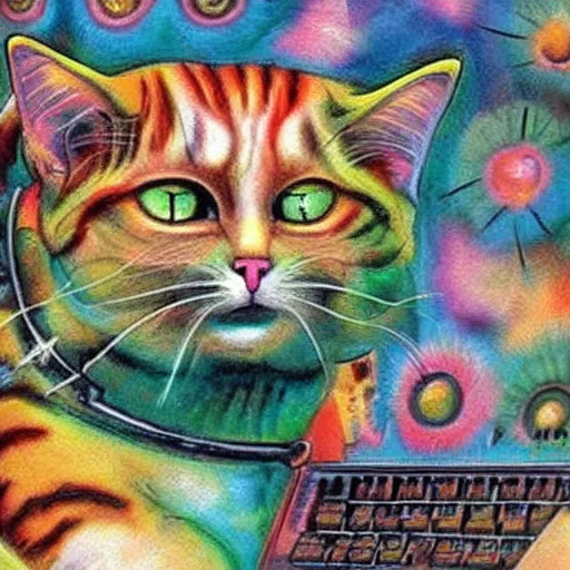 Prompt: cat merged with a computer monitor, surreal, colorful, artwork by Ralph Bakshi