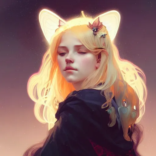 Image similar to Portrait of a girl angel with blonde hair, cat ears, glowing halo, wings, fantasy, intricate, elegant, highly detailed, digital painting, artstation, concept art, smooth, sharp focus, illustration, art by Krenz Cushart and Artem Demura and alphonse mucha