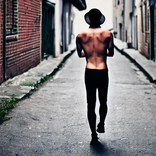 Image similar to photo extreme long shot of invisible manwearing clothes and hat in a back street, cinematic, depth of field, bokeh, atmospheric, 8k, trending on artstation