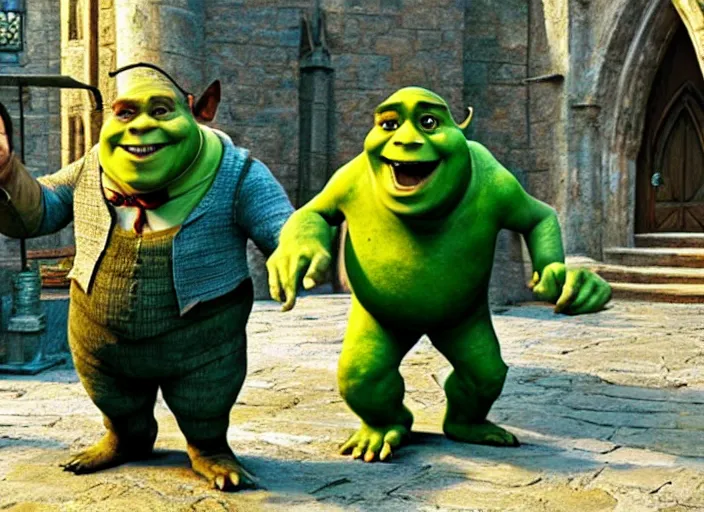 Image similar to a film still of professor shrek in harry potter