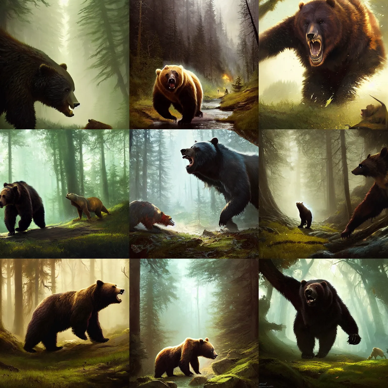 Prompt: fantasy painting of bear charging towards viewer, roaring, open mouth, teeth, dark forest in background, painted by greg rutkowski and andreas rocha