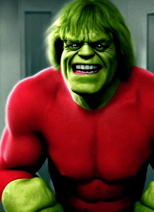 Prompt: film still of Jimmy Savile as Hulk in The Incredible Hulk, 4k