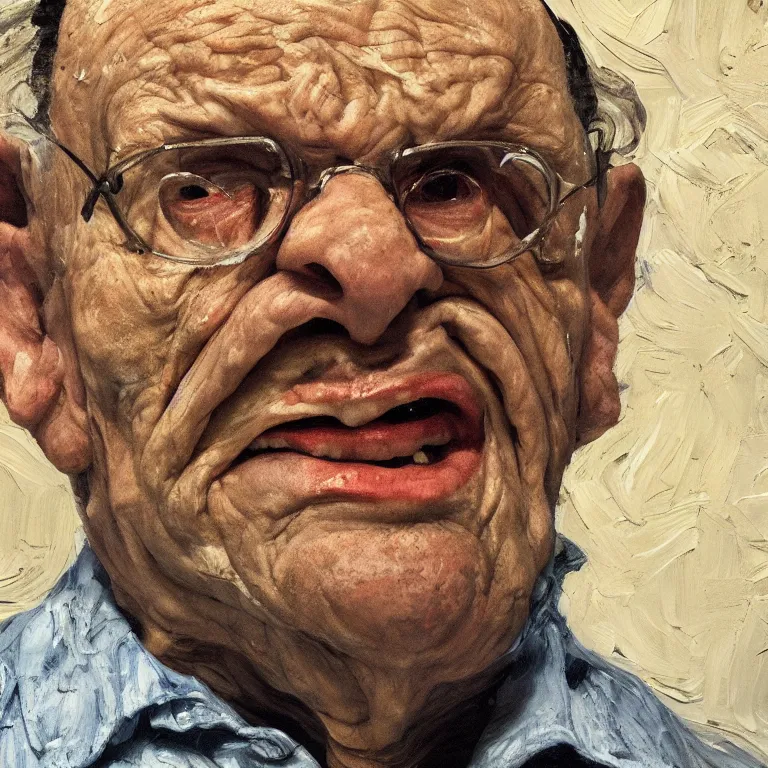 Image similar to warmly lit close up studio portrait of aging angry!! screaming! old George Costanza age 115 wrinkled furious!, impasto oil painting thick brushstrokes by Lucian Freud and Cy Twombly and Tim Hawkinson , trending on artstation dramatic lighting Expressionism