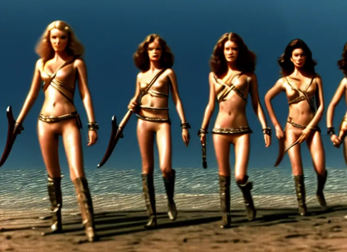 Image similar to film still charlie's angels ( 1 9 7 6 ) as a viking women with weapons, wearing skin - tight futuristic valkerie bikinis, rough seas in background, lightning storms, water world, mad max, barbarella, conan, hyper - realistic, highly detailed, accurate, 8 k octane render, 2 8 mm, wide angle, rule of thirds