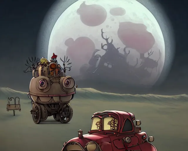 Image similar to a cell shaded cartoon grey lovecraftian mechanized santa from howl's moving castle ( 2 0 0 4 ), with a big head, on a desert road, wide shot, in front of a big moon, muted colors, post grunge, josan gonzales, wlop, by james jean, victor ngai, hq, deviantart, art by artgem