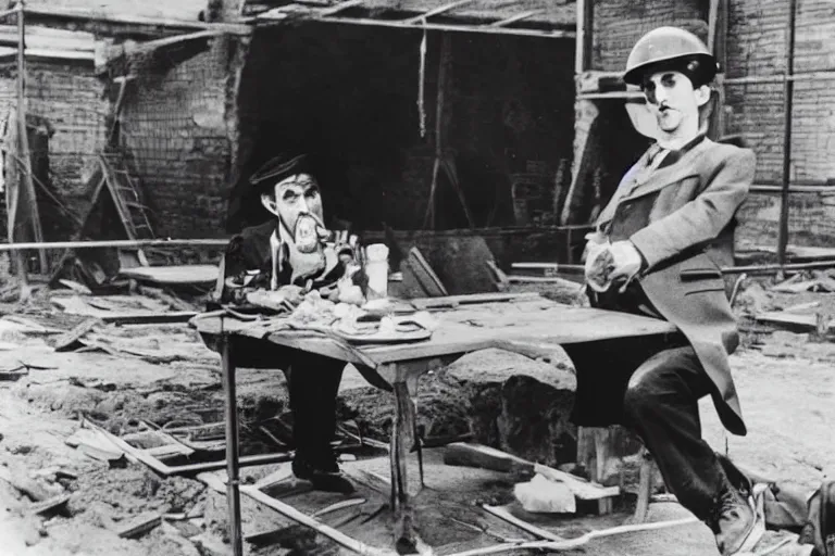 Prompt: dracula eating a bologna sandwich on a construction site 1 9 4 0 s