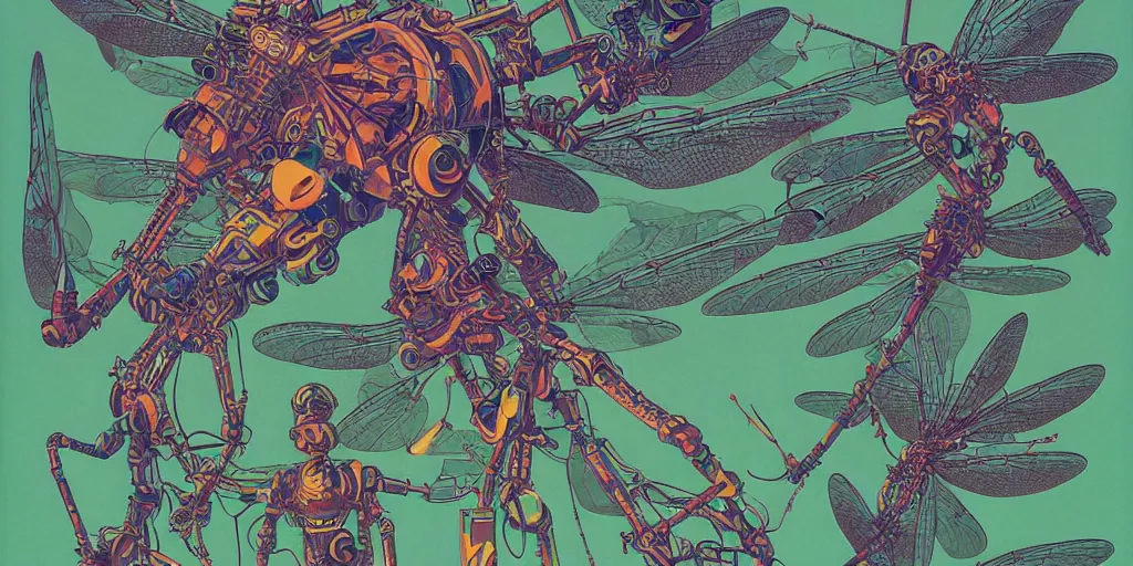 Image similar to gigantic robotic dragonflies with lasers with human faces catch tiny robots, a lot of exotic plants around, big human faces everywhere, risograph by satoshi kon and moebius, no text!, matte bright colors, surreal design, super - detailed, a lot of tiny details, fullshot