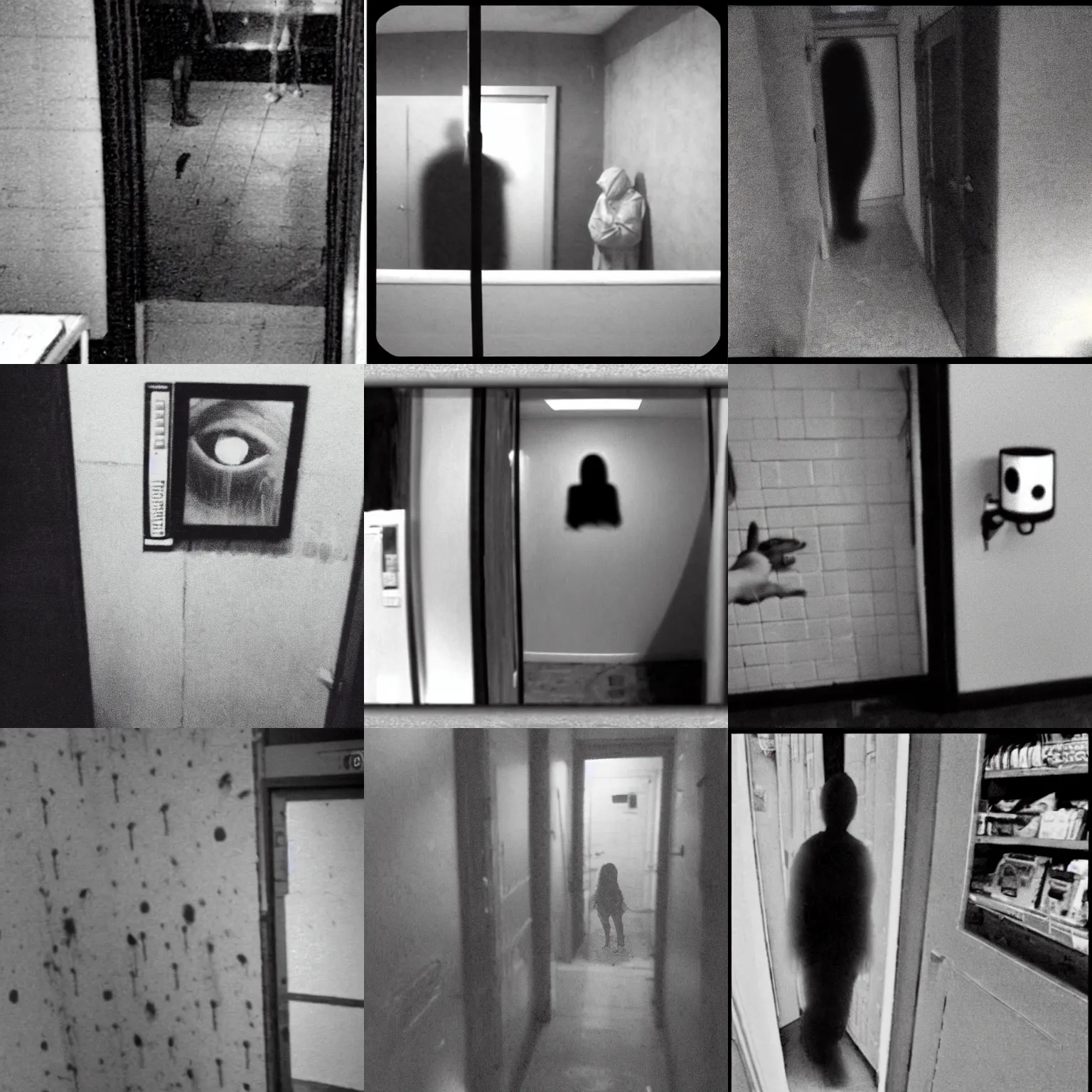 Prompt: creepy silouhette, surveillance footage, horror, macabre, black and white, creepypasta