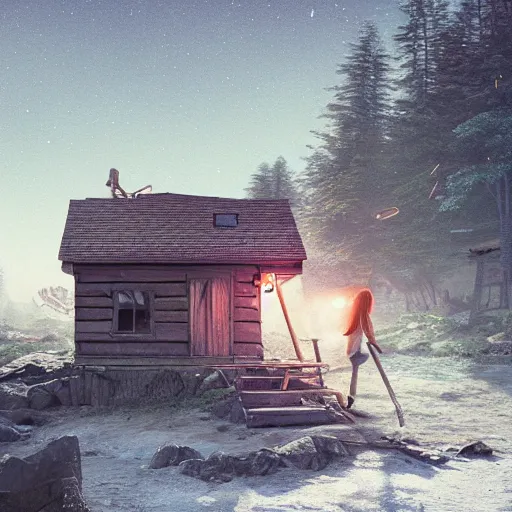 Image similar to woman leaving her wooden broken house by simon stålenhag, very highly detailed, award winning, rendered by Beeple, by Makoto Shinkai, syd meade, starwars, space art concept, digital art, unreal engine, blender, WLOP, trending on artstation, 4K UHD image, octane render