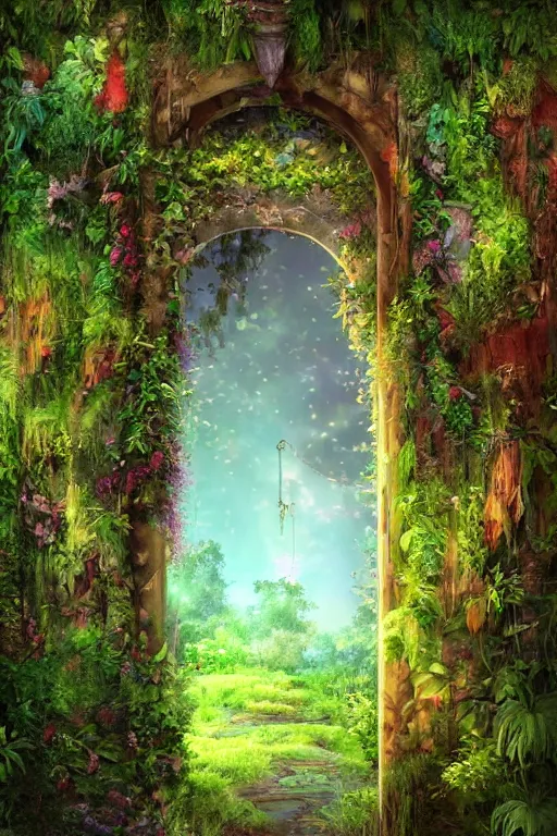 Prompt: photograph of a secret garden through a doorway, nature, lush, greenery, fantasy, fantasy aesthetic, fantasy vibe, colorful, faded effect, artstation, trending, detailed, small details, scenery,