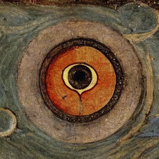 Image similar to a medieval painting of the eye of Sauron from lord of the rings