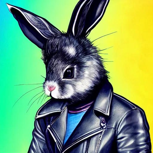 Image similar to A bunny with a small head wearing a leather jacket and leather jeans and leather gloves, trending on FurAffinity, energetic, dynamic, digital art, highly detailed, FurAffinity, high quality, digital fantasy art, FurAffinity, favorite, character art