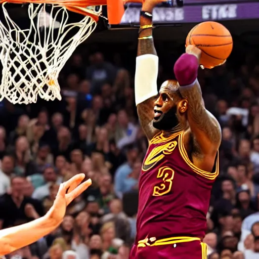 Prompt: lebron james dunking with a meatball