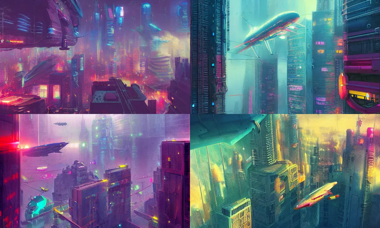 Prompt: looking down at the cyberpunk city, airships shuttle in the air, colorful colors, fog, rainy days, neon lights, marc simonetti on artstation