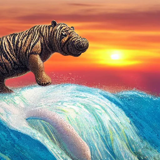 Image similar to a closeup photorealistic photograph of a cute smiling knitted tiger hippopotamus riding a wave at sunset. surf in background. professional capture. brightly lit scene. this 4 k hd image is trending on artstation, featured on behance, well - rendered, extra crisp, features intricate detail, epic composition and the style of unreal engine.