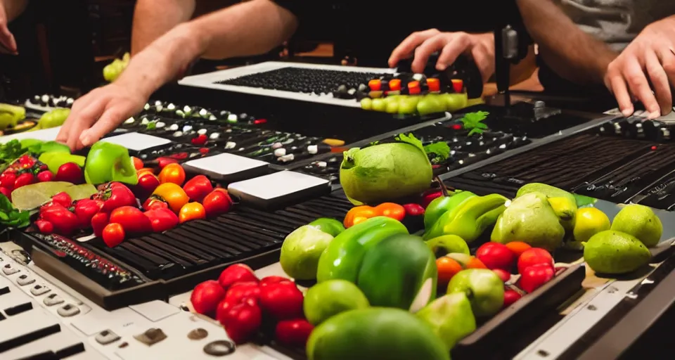 Image similar to film still of fresh fruits and vegetables making beats in the studio on an mpc