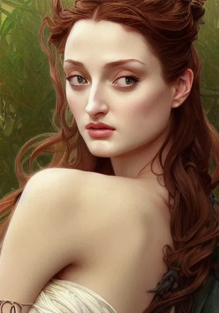 Image similar to sansa angeline jolie, intricate, elegant, highly detailed, digital painting, artstation, concept art, smooth, sharp focus, illustration, art by artgerm and greg rutkowski and alphonse mucha and william - adolphe bouguereau