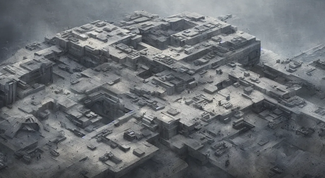 Image similar to big brutalist imperial military base on cliffs, drawing architecture, very long shot, top angle, imperial architecture in rogue one, pritzker architecture prize, brutalism architecture, jan urschel