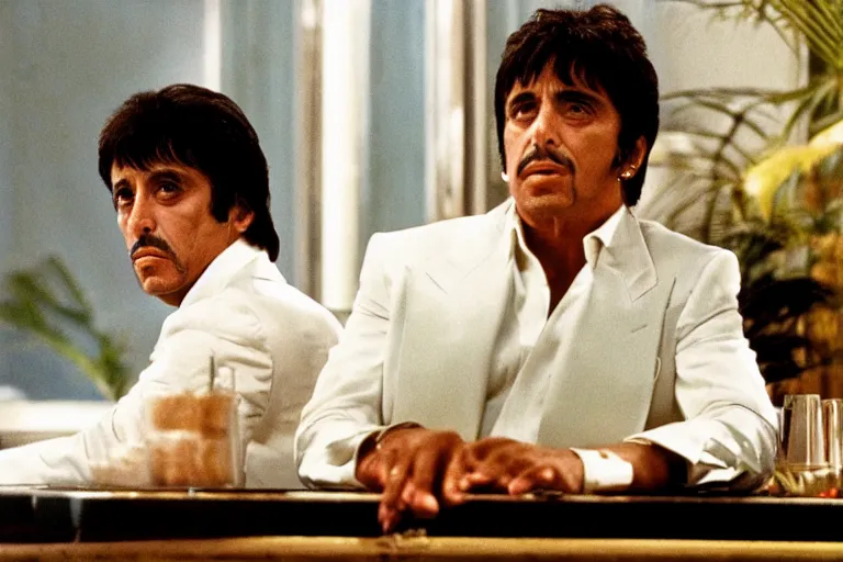 Image similar to tony montana from movie scarface 1 9 8 3 sitting at a big black oak table with big packages of flour. next to the night window. al pacino. perfect symmetric face, coherent eyes, medium shot, fine details, 4 k, ron cobb, cinestill