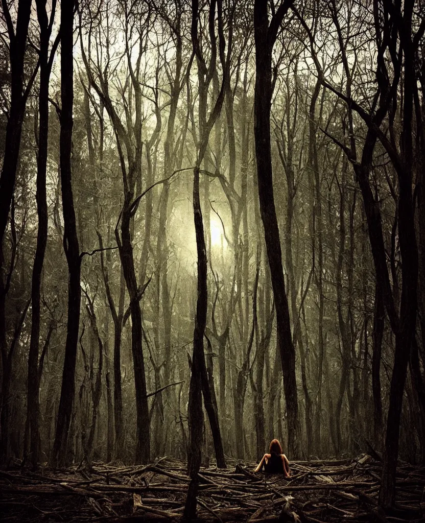 Image similar to “ dense dead forest with glowing orbs, woman sitting ”