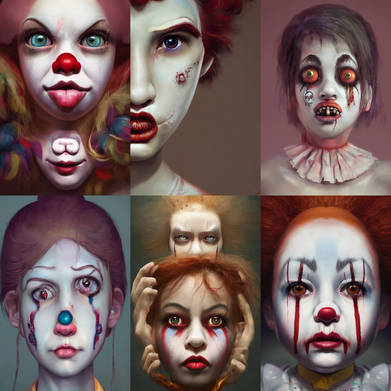 Prompt: breathtaking detailed painting of clown girl , with anxious, piercing eyes, art by Hsiao-Ron Cheng, hyperrealistic, octane render, ambient light, dynamic lighting