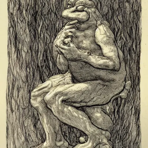 Prompt: toad philosopher toad in a pose The Thinker, swamp, by Auguste Rodin, illustrations by irish fairy tales james stephens arthur rackham, fairy tale illustrations,