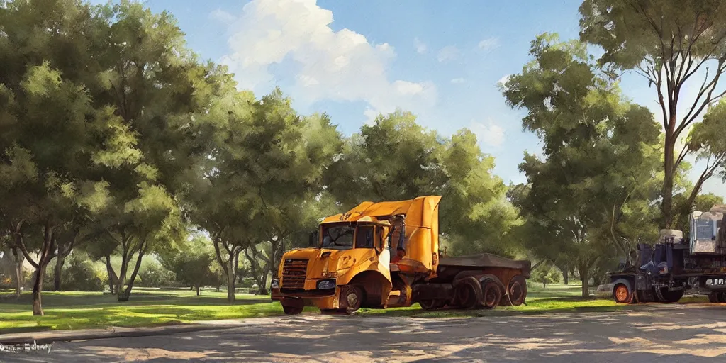 Prompt: portrait of a dump truck at a park, sunny suburban park with trees, art by artgerm and greg rutkowski