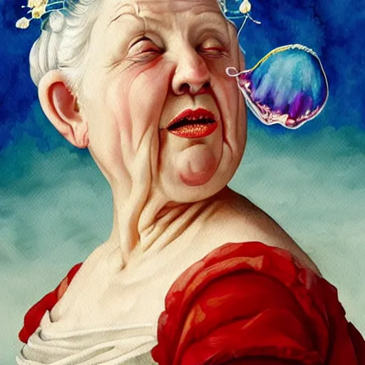 Image similar to a very funny stylize oil painting in renaissance style of a sweet fat old woman kissing a colorful jelly fish. symmetry face, red mouth, blue eyes. flowery dress. hyper realistic scene. 3 d, octane render, deep focus, white scene. very funny and sweet image. unreal engine. watercolor. fellini style. poster quality. da vinci painting style.