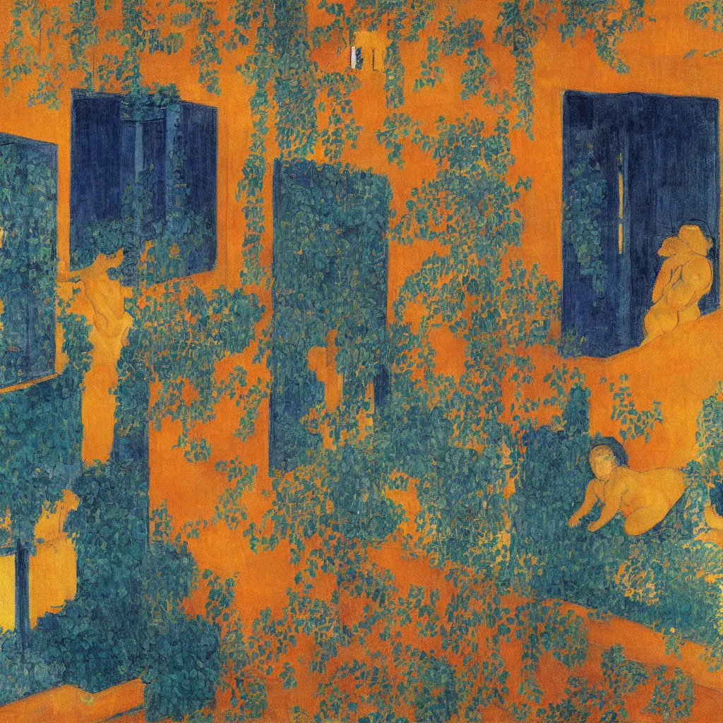 Image similar to woman and golden cat with italian city with gardens seen from a window frame with curtains. dark indigo blue, turquoise, gold, earth brown. sunset. bonnard, henri de toulouse - lautrec, utamaro, matisse, monet