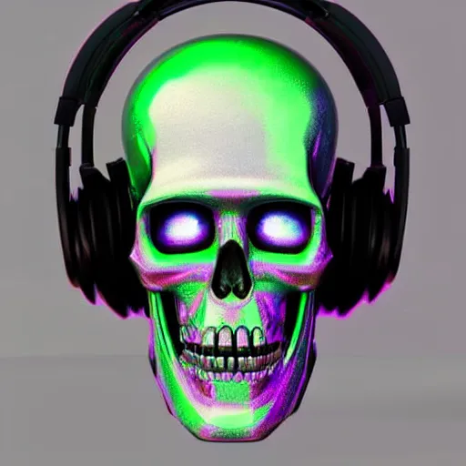 Image similar to a painting by Thomas Cole of a vaporwave robot skull wearing headphones highly detailed chromatic 3d rendering from 1996