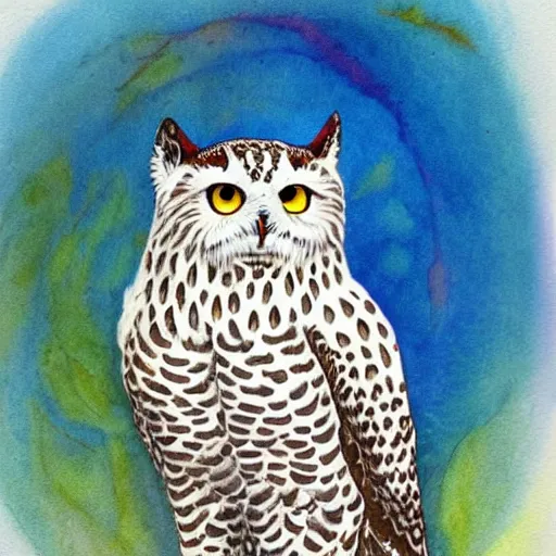 Prompt: snowy owl leopard cat gryphon, Louis William Wain watercolor, fantasy