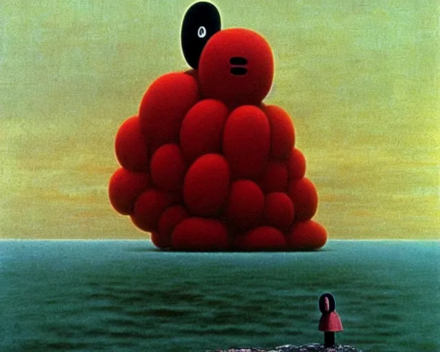 Image similar to no face from spirited away. angry art by beksinski and salvador dali. a still from spirited away by studio ghibli. surrealism, yves tanguy. beksinski art style