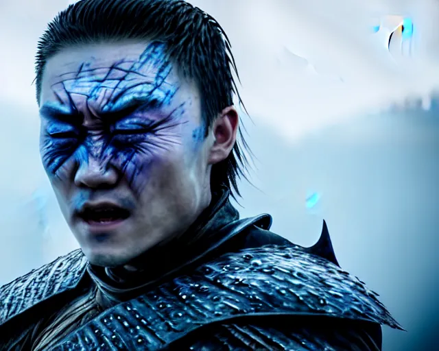 Image similar to justin sun as night king in game of thrones, extreme close - up of crying tears made of magic ice water, crimson - black bee army behind, 4 k, epic, cinematic, focus, movie still, fantasy, extreme detail, atmospheric, dark colour, sharp focus