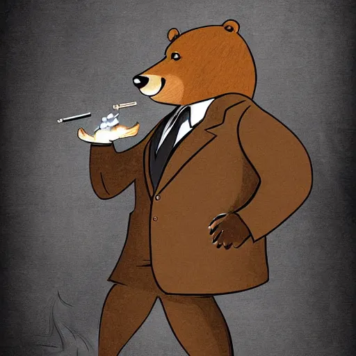 Prompt: a anthropomorphic bear beast - man in a suit smoking a cigar while drifting in a lamborghini, digital art