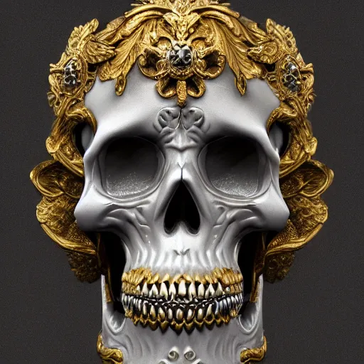 Image similar to a beautiful, ornate and intricate rococo skull with silver and gold details, 4k, octane render, vray, unreal engine, photorealistic