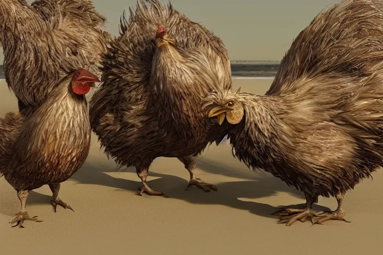 Image similar to photo, old men, two hairy fat ugly fight huge chickens 4 0 1 2 7 on a beach, highly detailed, scary, intricate details, volumetric lighting, front view