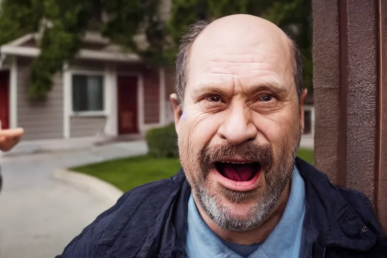 Image similar to movie scene portrait closeup, real life homer simpson in front of house, natural lighting by emmanuel lubezki