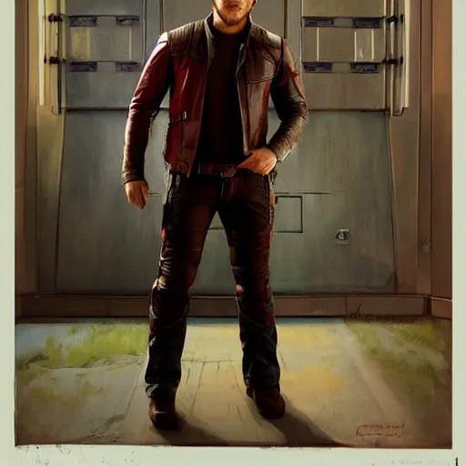 Image similar to the actor chris pratt as star lord posing together with the doll chucky from the movie child's play, inside a starship, oil painting, by greg rutkowski