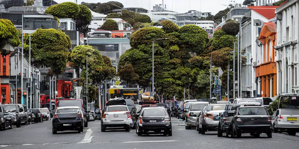 Prompt: a street in wellington new zealand where multiple buildings are covered in living walls made of endemic new zealand plant species. patrick blanc. people walking on street in raincoats. cars parked. windy rainy day. colonial houses