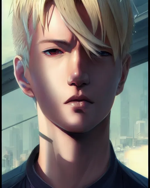 Image similar to portrait Anime Blonde Guy Short Hair Sharp fine face, pretty face, realistic shaded Perfect face, fine details. Anime. cyberpunk realistic shaded lighting by katsuhiro otomo ghost-in-the-shell, magali villeneuve, artgerm, rutkowski Jeremy Lipkin and Giuseppe Dangelico Pino and Michael Garmash and Rob Rey