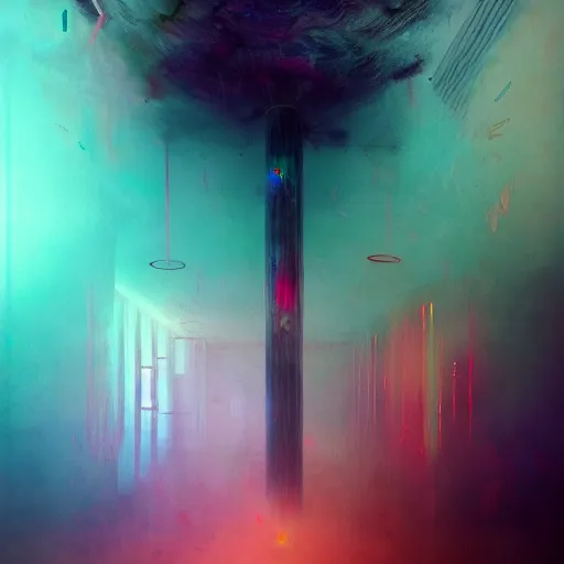 Image similar to resonant frequency by cy Twombly and BASTIEN LECOUFFE DEHARME, colorful, iridescent, volumetric lighting, abstract